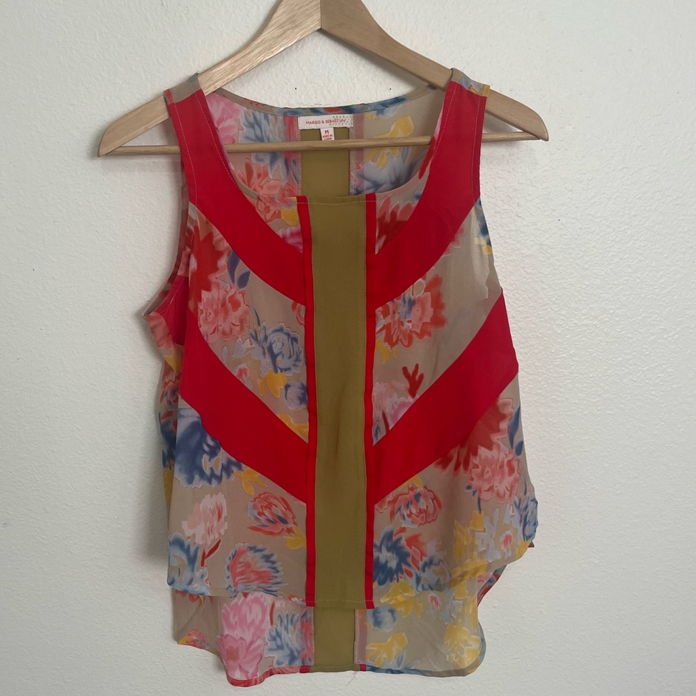 Margo & Sebastian | Color Block Sheer Tank,Green Red with Flower Design, size M